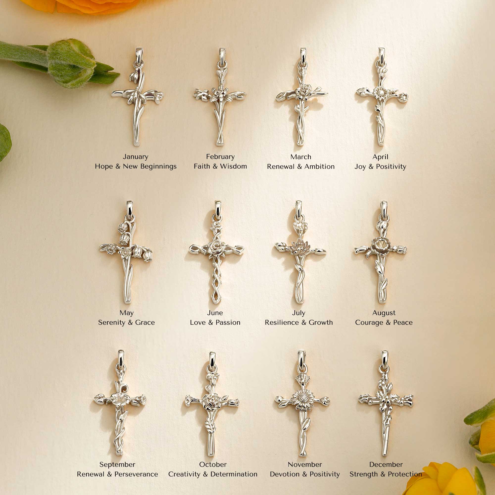 14K Solid Gold Birth Flower Cross Pendant