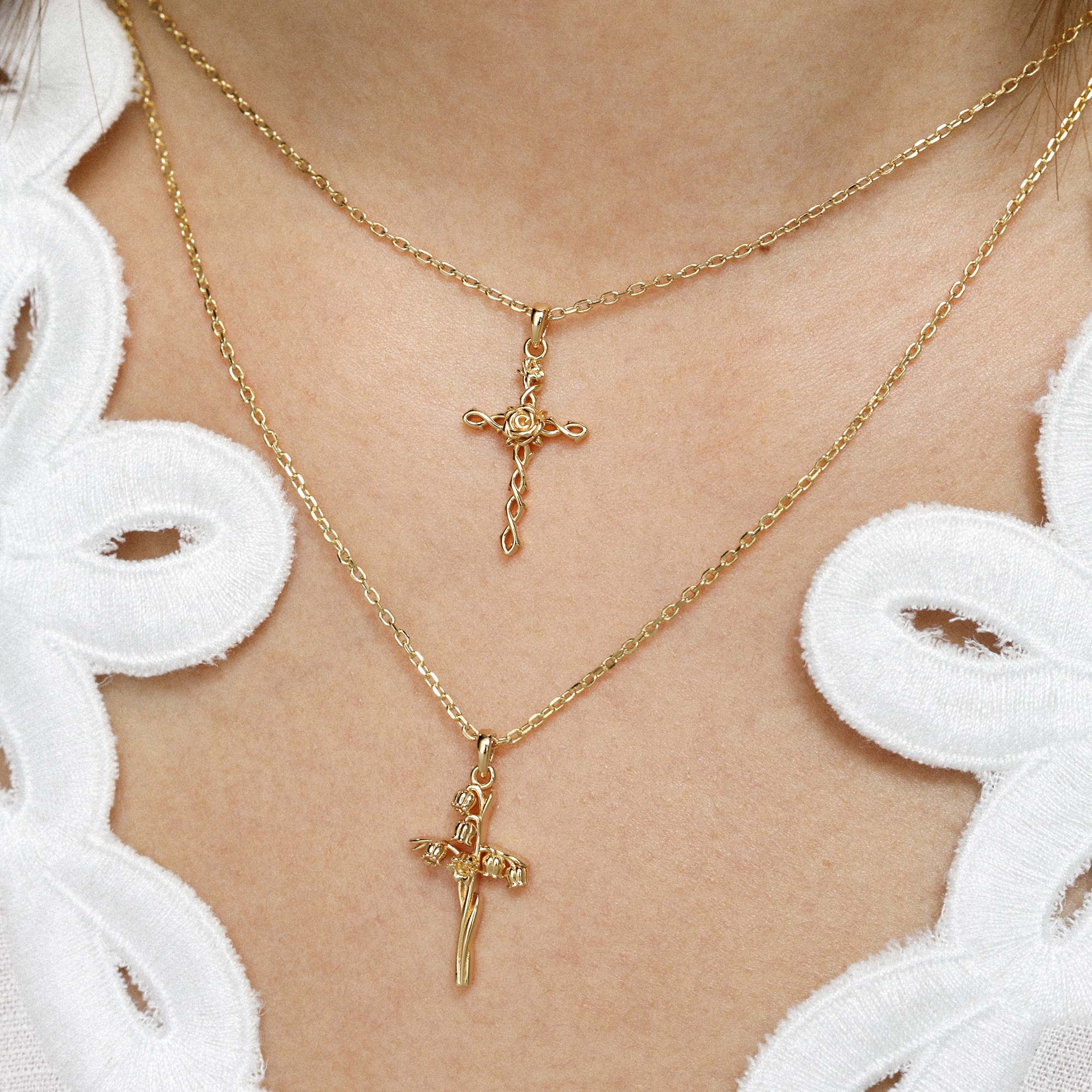 14K Solid Gold Birth Flower Cross Pendant