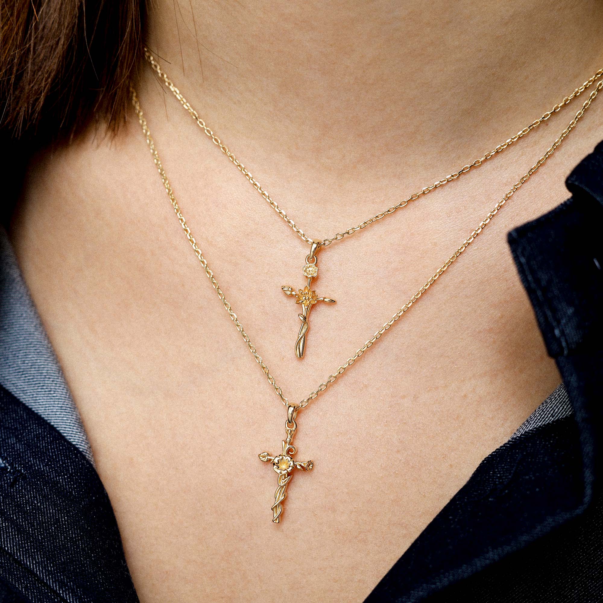 14K Solid Gold Birth Flower Cross Pendant
