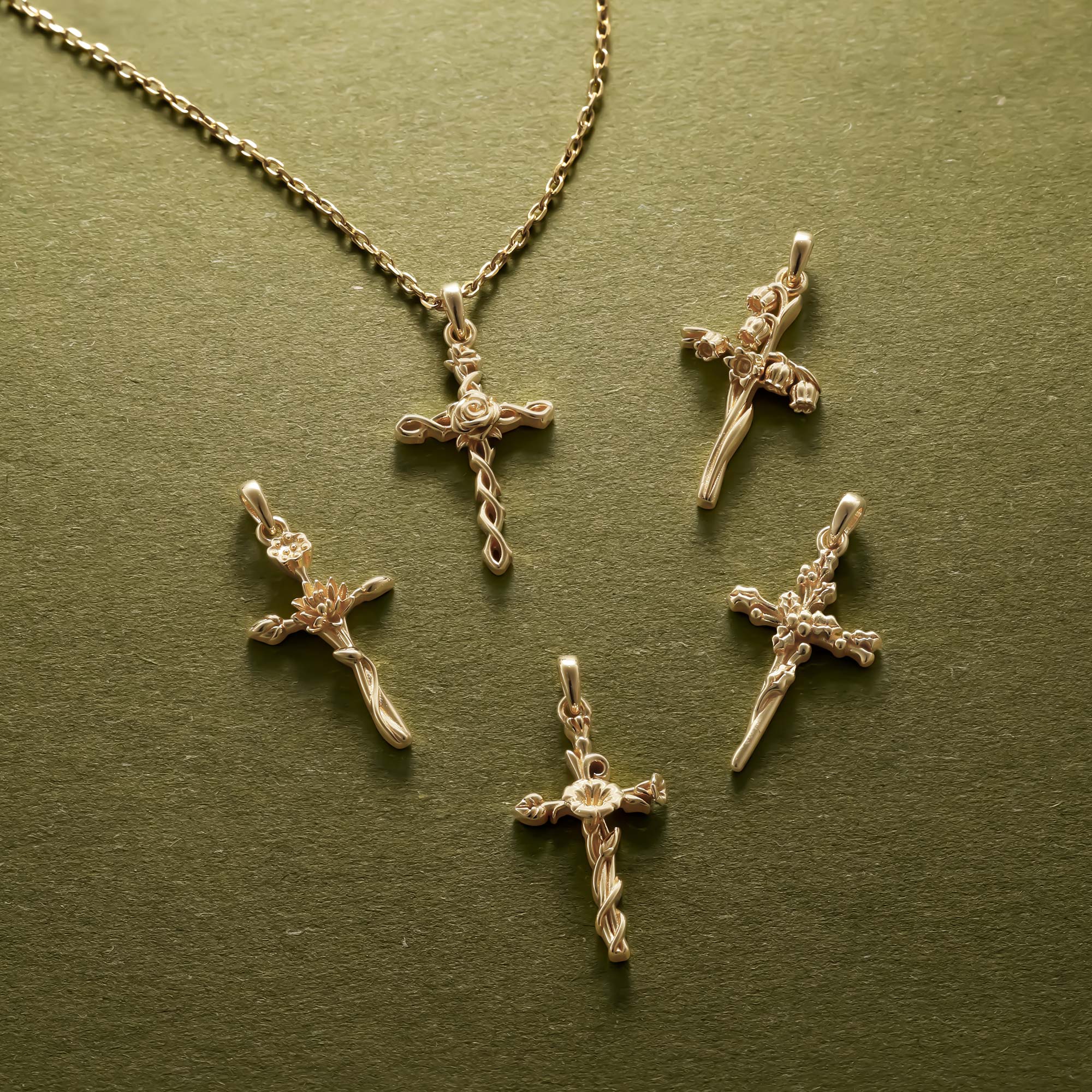 14K Solid Gold Birth Flower Cross Pendant