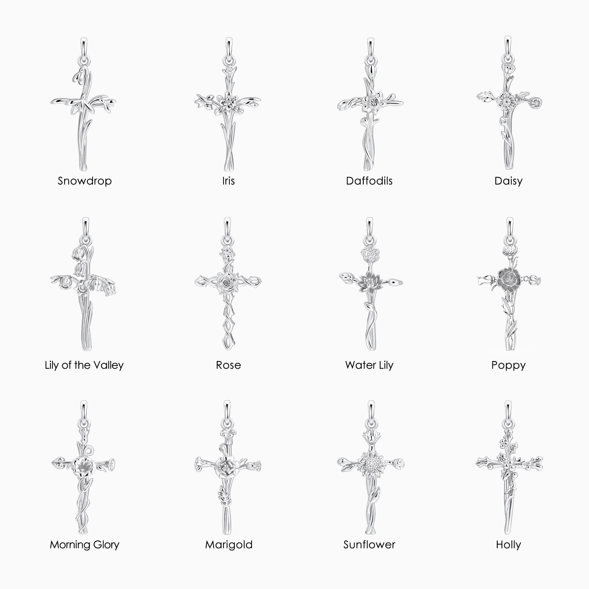 14K Solid Gold Birth Flower Cross Pendant