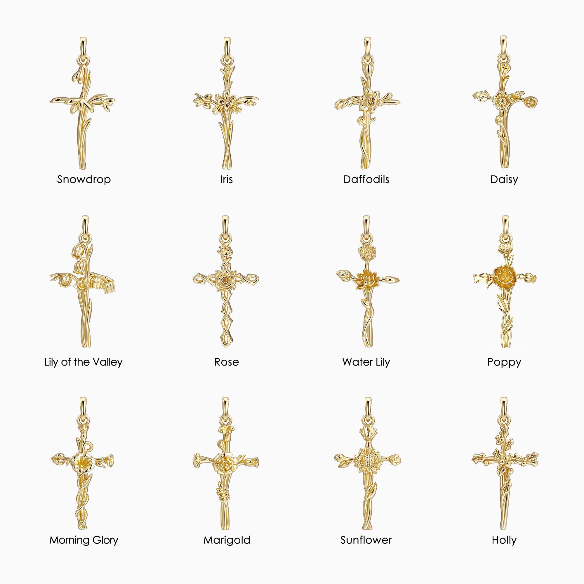 14K Solid Gold Birth Flower Cross Pendant
