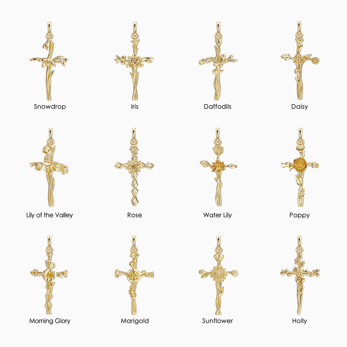 14K Solid Gold Birth Flower Cross Pendant