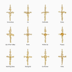 14K Solid Gold Birth Flower Cross Pendant