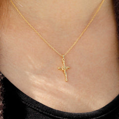 14K Solid Gold Iris Floral Cross Pendant