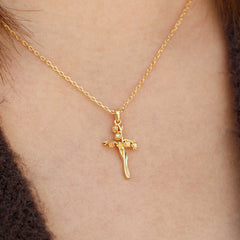 14K Solid Gold Lily of the Valley Floral Cross Pendant