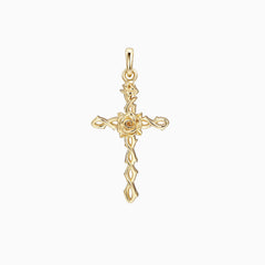 14K Solid Gold Rose Floral Cross Pendant