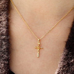 14K Solid Gold Water Lily Floral Cross Pendant