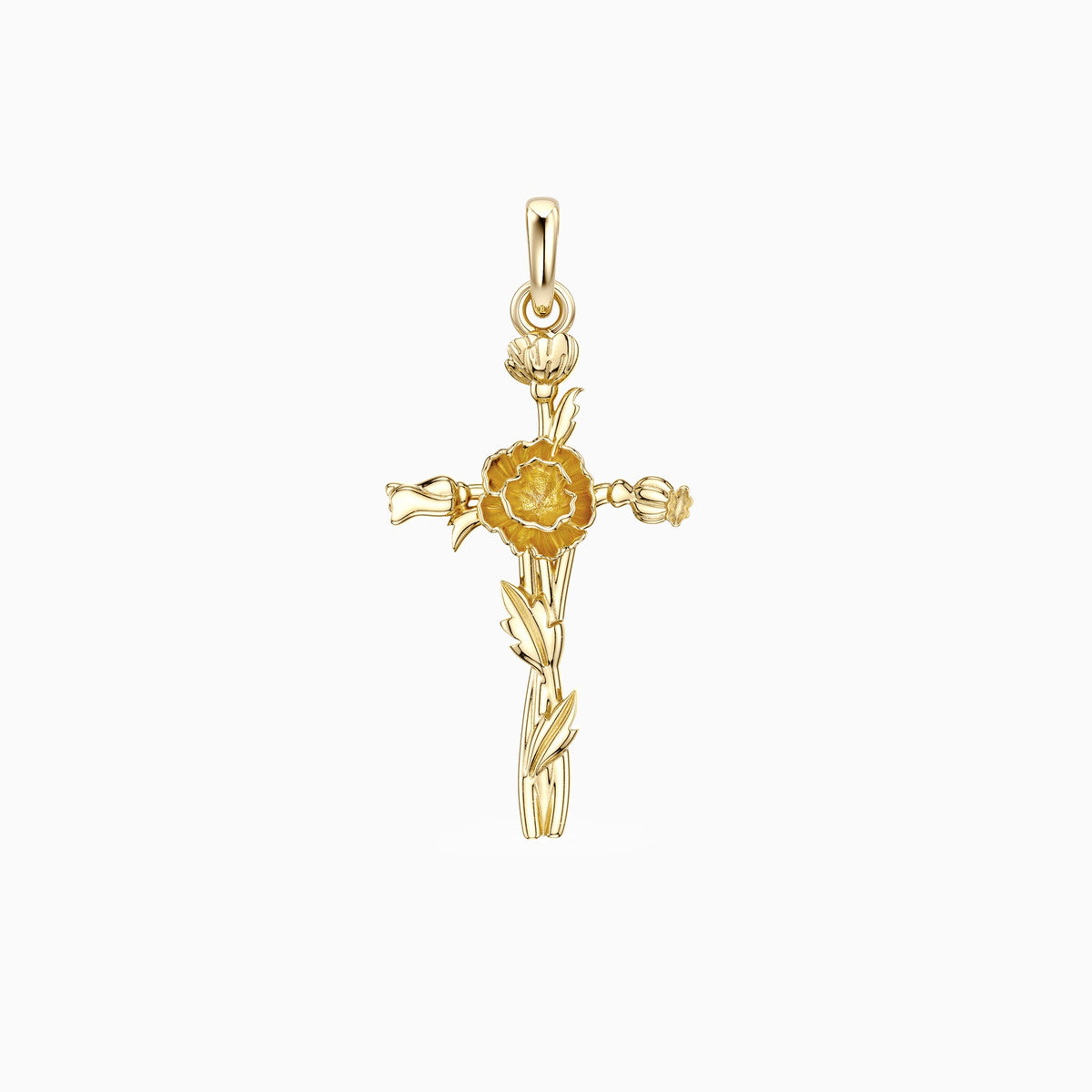 14K Solid Gold Poppy Floral Cross Pendant