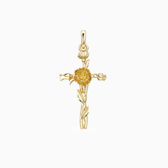 14K Solid Gold Poppy Floral Cross Pendant