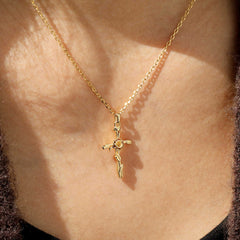 14K Solid Gold Poppy Floral Cross Pendant