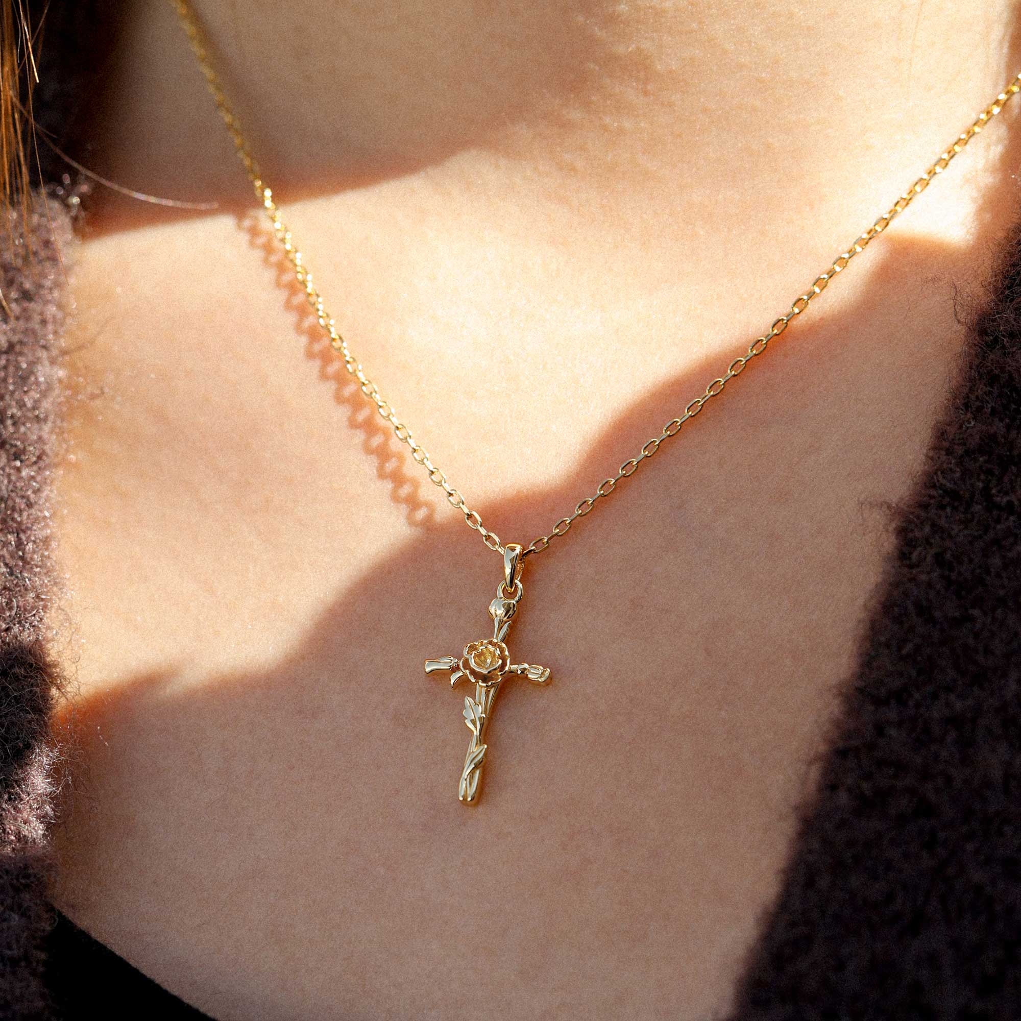 14K Solid Gold Poppy Floral Cross Pendant