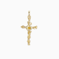 14K Solid Gold Morning Glory Floral Cross Pendant