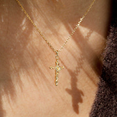 14K Solid Gold Morning Glory Floral Cross Pendant