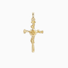 14K Solid Gold Marigold Floral Cross Pendant