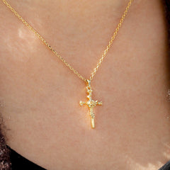 14K Solid Gold Marigold Floral Cross Pendant