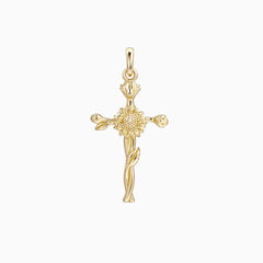 14K Solid Gold Sunflower Floral Cross Pendant