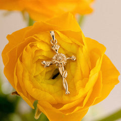 14K Solid Gold Sunflower Floral Cross Pendant