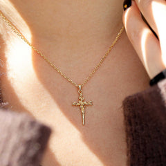 14K Solid Gold Holly Floral Cross Pendant