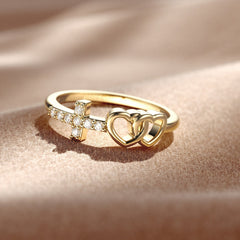 Double Heart And Cross Ring