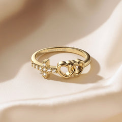 Customized Double Heart And Cross Ring