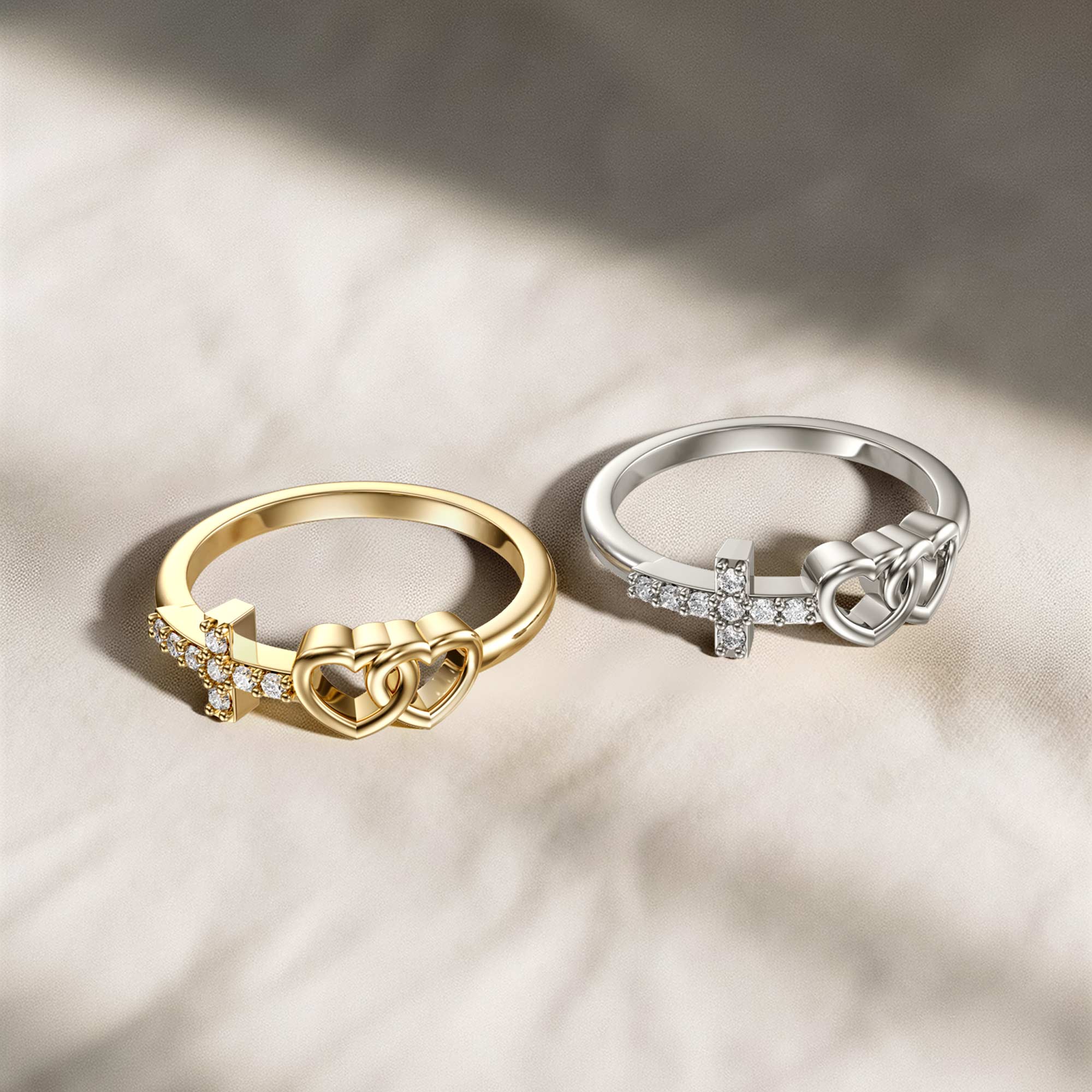 Double Heart And Cross Ring