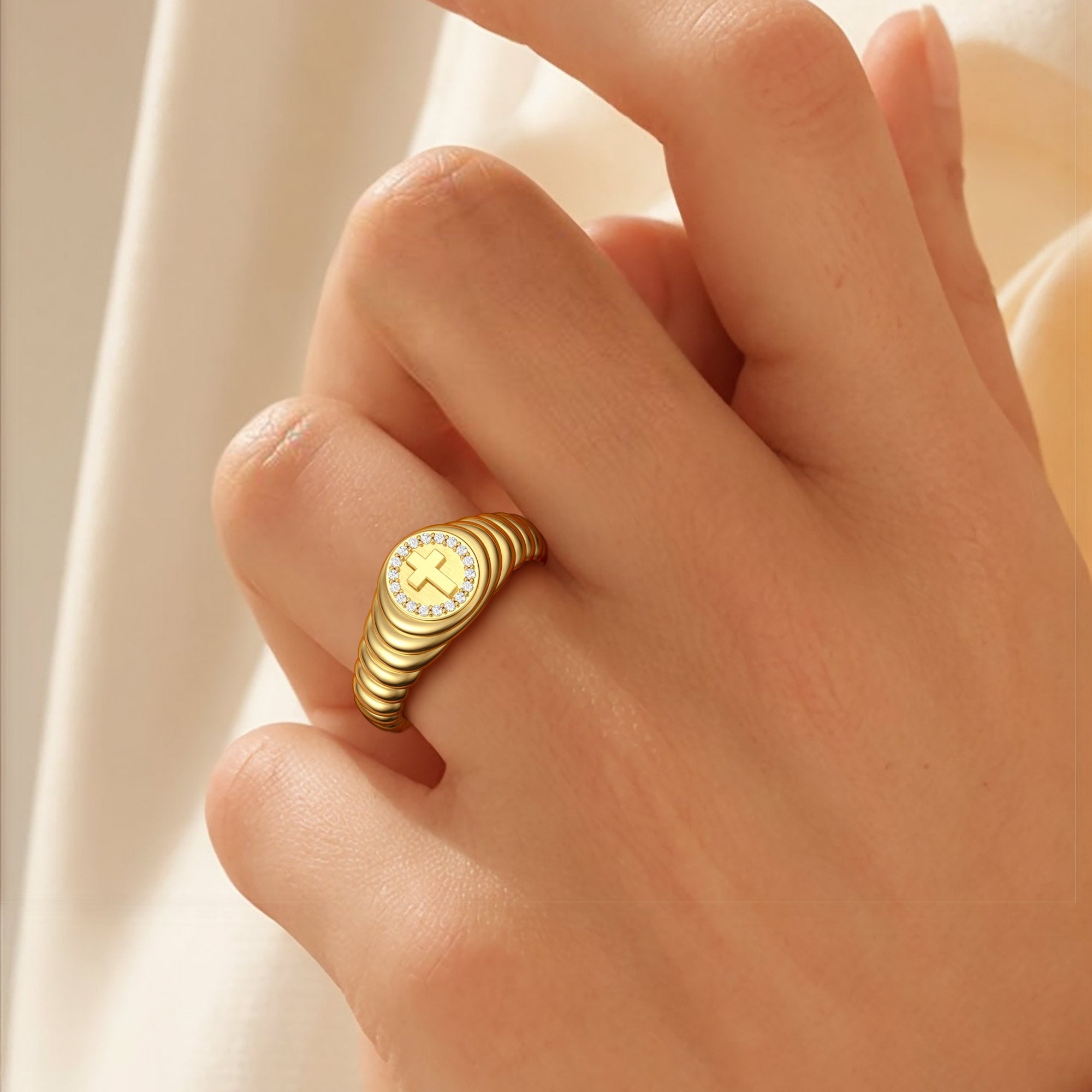 Cross Wavy Pinky Signet Ring