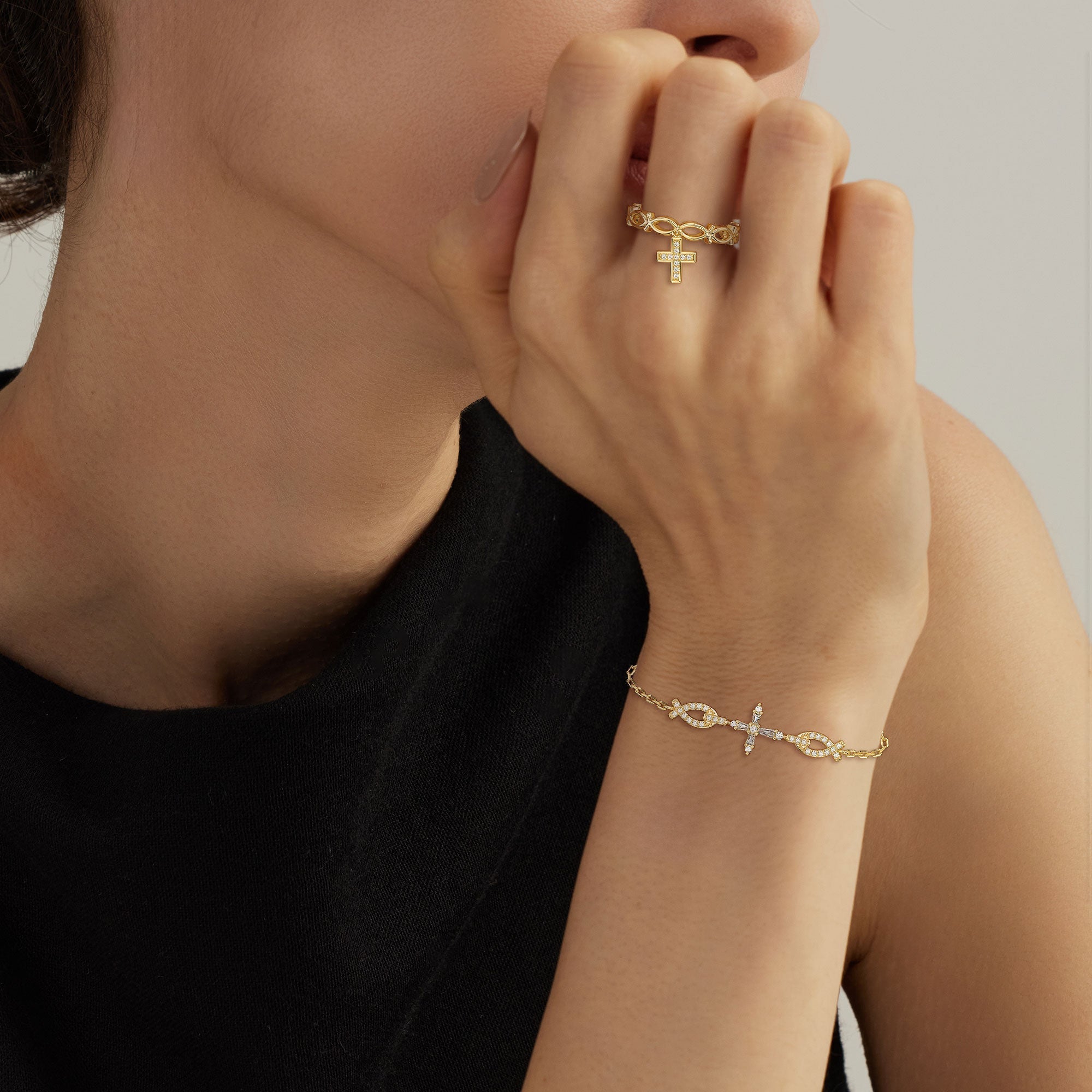 Ichthys Band Dangling Cross Ring