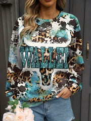 Women's Autumn/Winter Casual Sweatshirt, Leopard Bull & Letter Print Distressed Long Sleeve Pullover Lounge Top