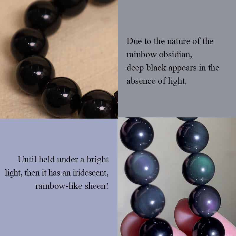 Faith Nova Natural Black Obsidian Rainbow Obsidian Gourd Blessing Bracelet Mala