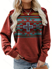 Women's Aztec Cow Skull Print Crew Neck Sweatshirt, Long Sleeve