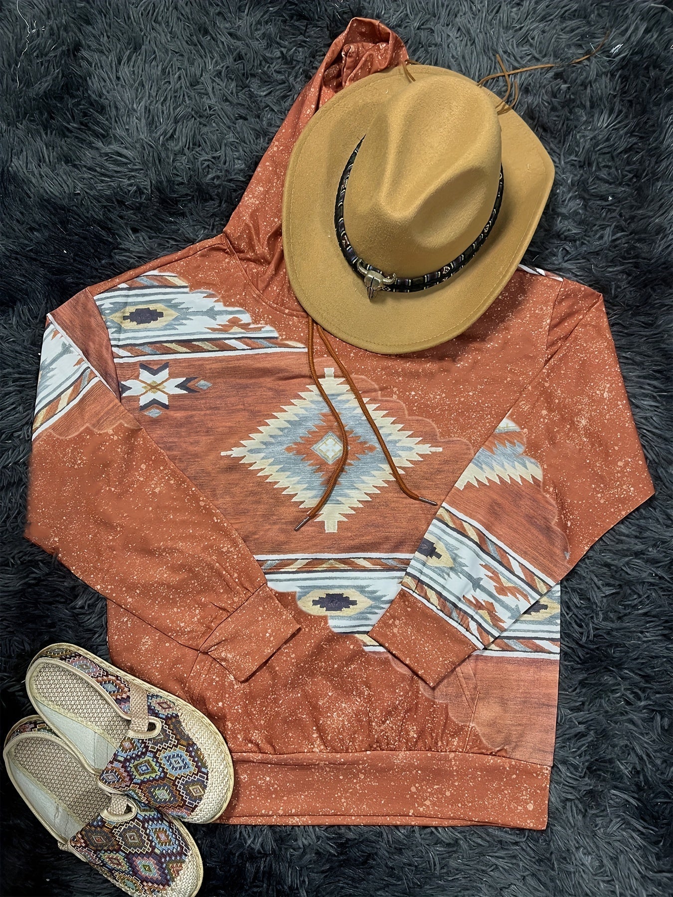 Women's Aztec Print Hoodie with Kangaroo Pocket, Adjustable Drawstring, and Long Sleeves