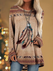 Women's Loose Fit Tribal Print Crew Neck Top, High Stretch, Vintage Style Pullover for All Seasons