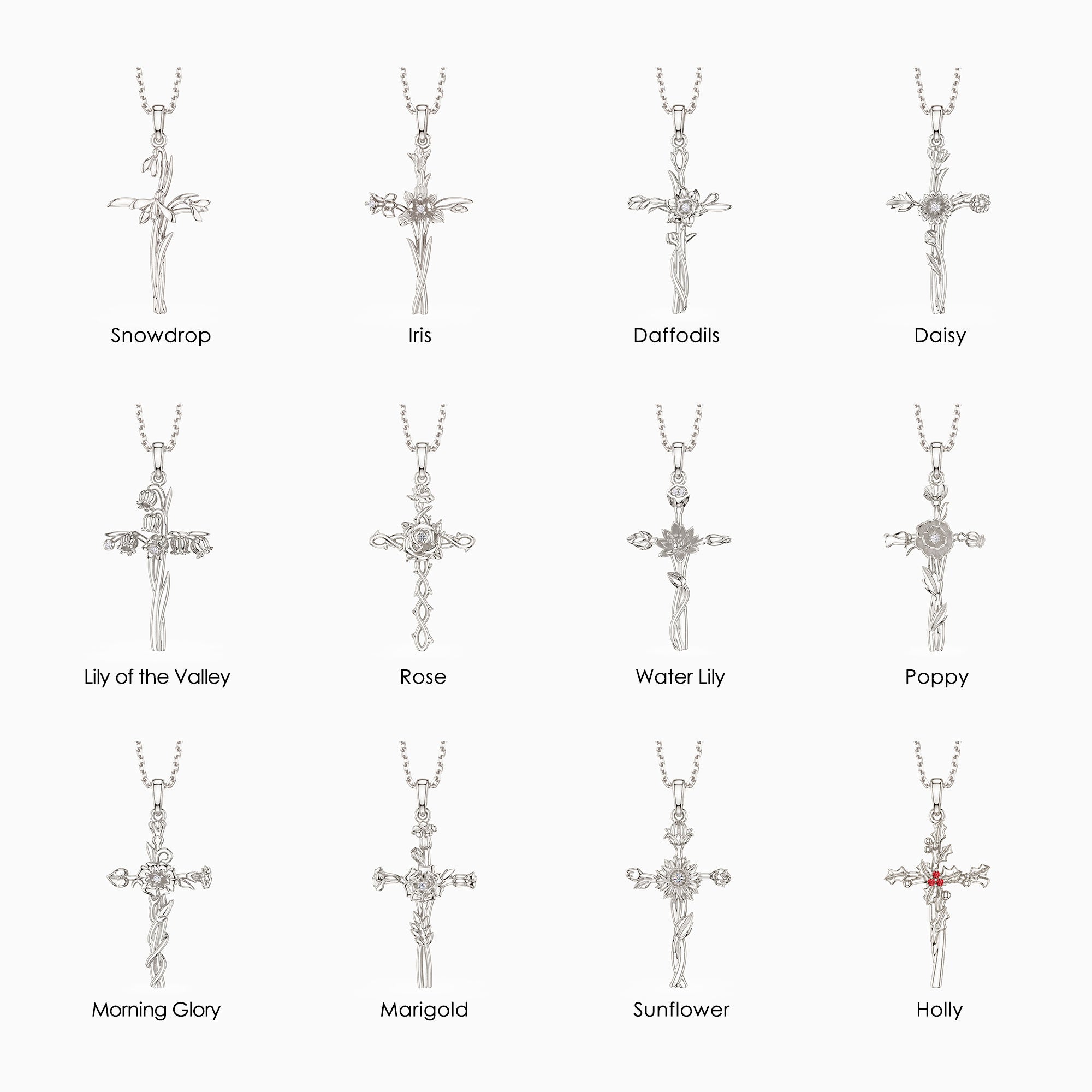 Birth Flower Cross Pendant Necklace
