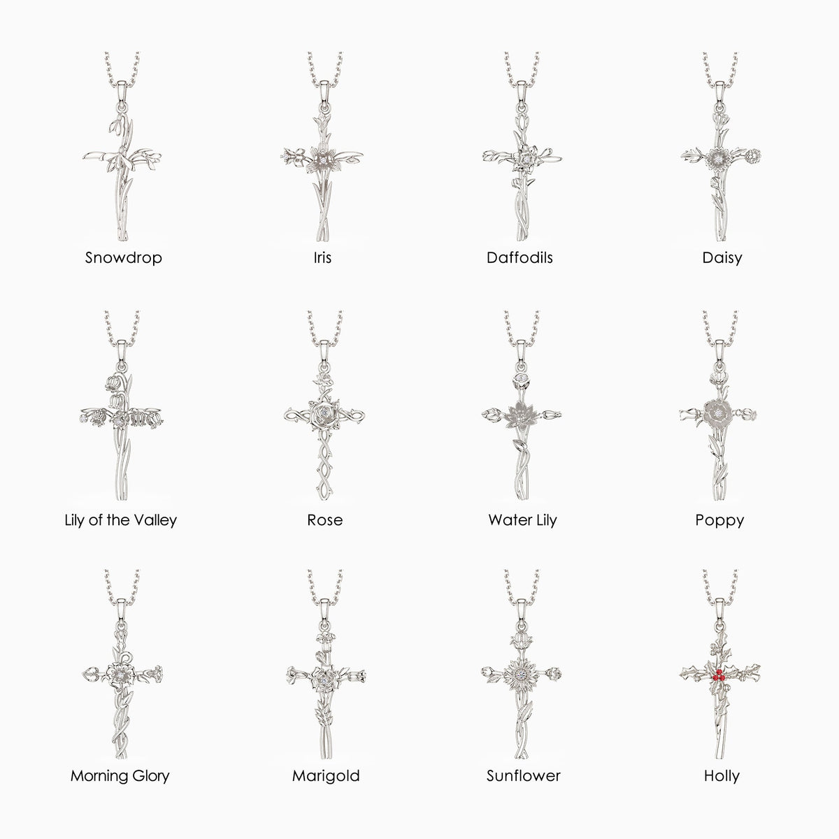 Birth Flower Cross Pendant Necklace