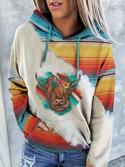 Women's Bull Head Print Hoodie with Kangaroo Pocket, Long Sleeve, and Drawstring
