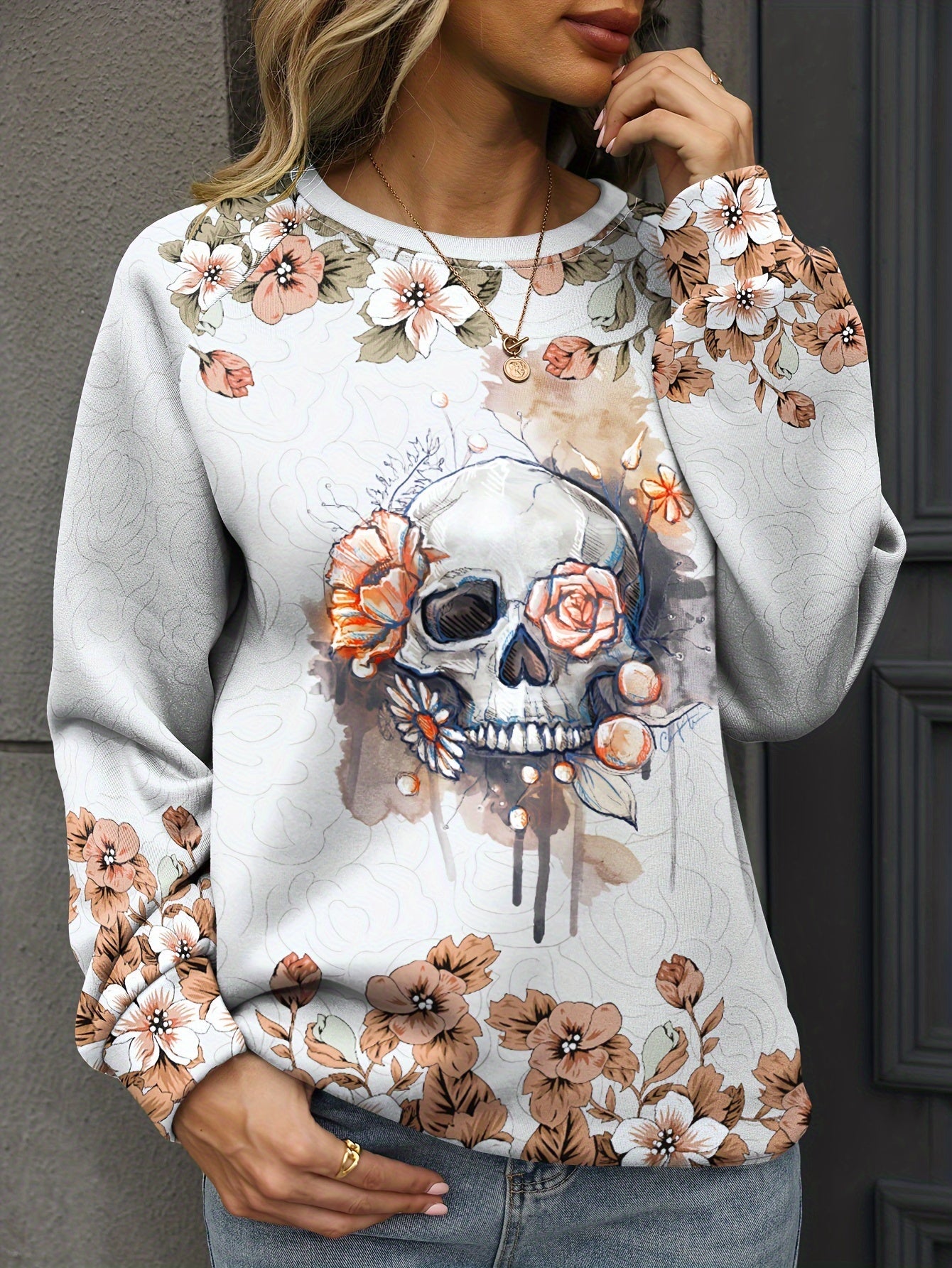 Women's Casual Floral Skull Print Crew Neck Sweatshirt Polyester Spandex Blend Knit Fabric for Fall/Winter