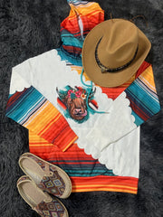 Women's Bull Head Print Hoodie with Kangaroo Pocket, Long Sleeve, and Drawstring