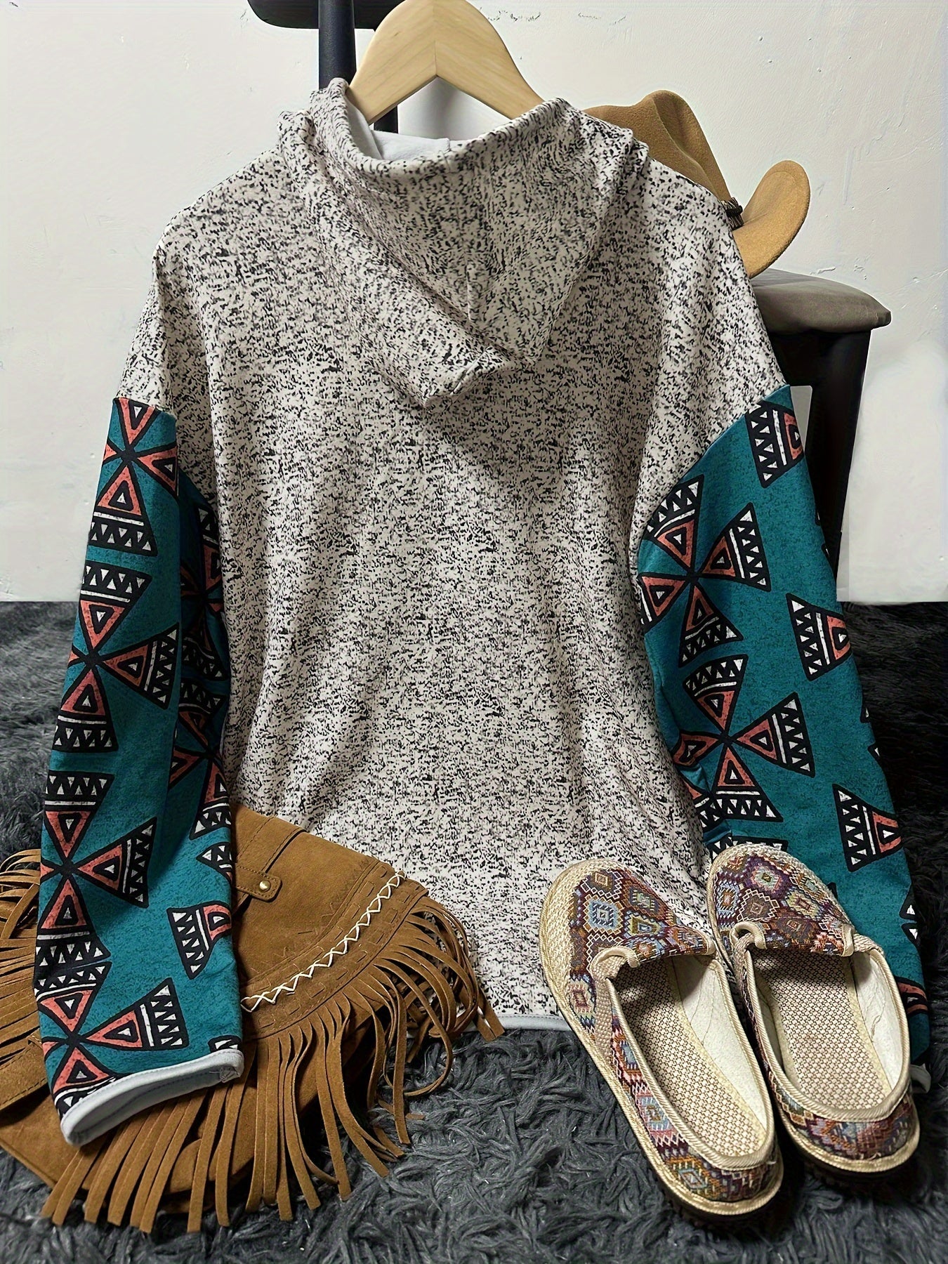 Western Ethnic Print Button Drawstring Hoodie, Vintage Long Sleeve Kangaroo Pocket Sweatshirt, Women's Clothing