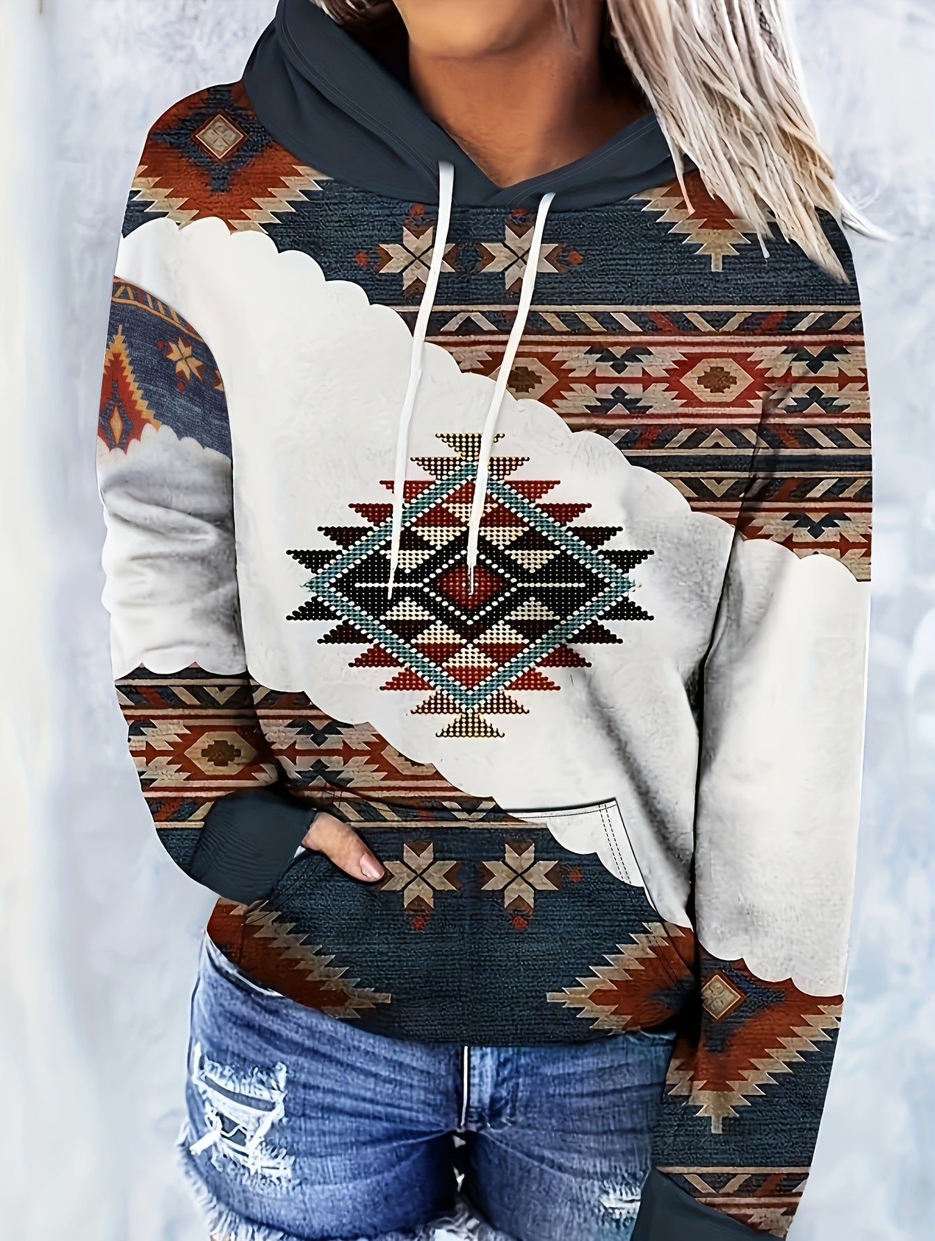 Women's Aztec Print Drawstring Hoodie with Kangaroo Pocket, Long Sleeve