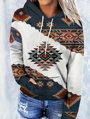 Women's Aztec Print Drawstring Hoodie with Kangaroo Pocket, Long Sleeve