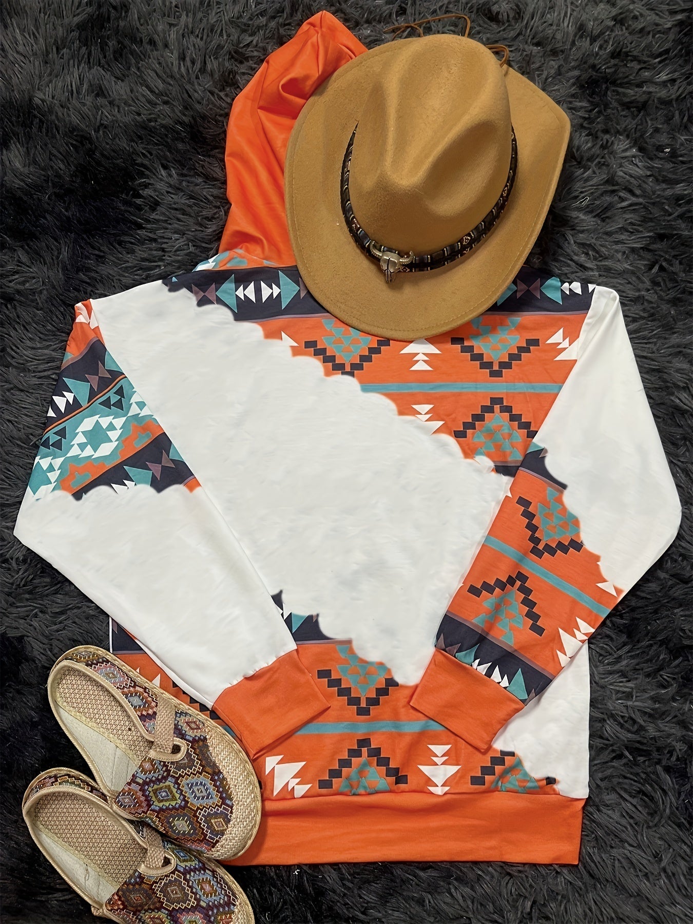 Women's Western Ethnic Print Hoodie with Kangaroo Pocket, Long Sleeve & Drawstring – Soft, Relaxed Fit for Daily Wear