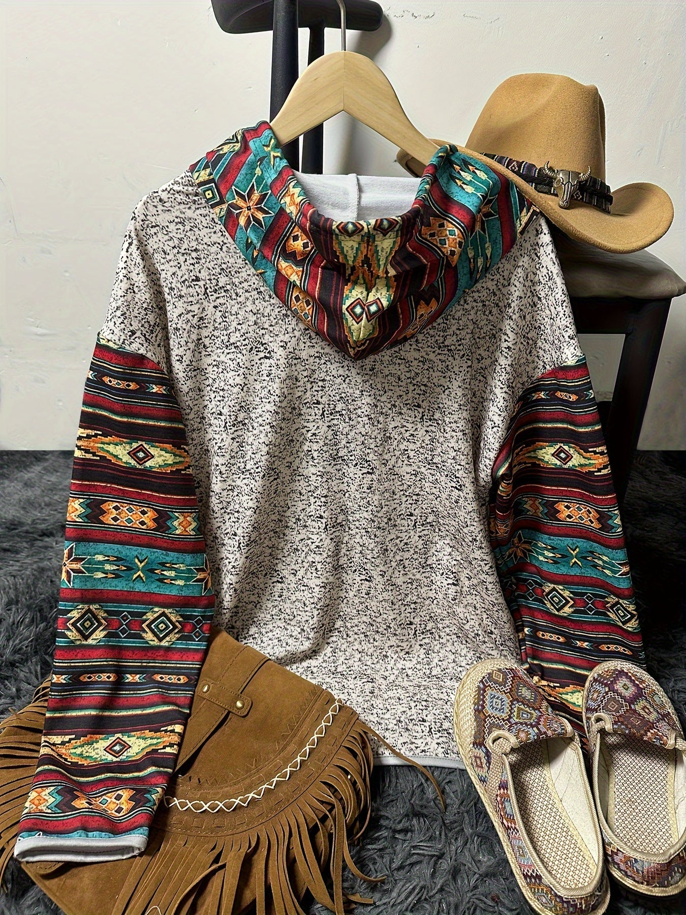 Women's Aztec Print Hoodie with Kangaroo Pocket, Long Sleeve & Drawstring – Soft, Relaxed Fit for Everyday Wear