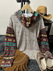 Women's Aztec Print Hoodie with Kangaroo Pocket, Long Sleeve & Drawstring – Soft, Relaxed Fit for Everyday Wear