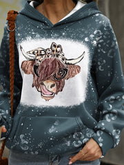 Women's Cow Head Print Hoodie with Kangaroo Pocket, Long Sleeve, and Fleece Lining – Ideal for Daily Wear
