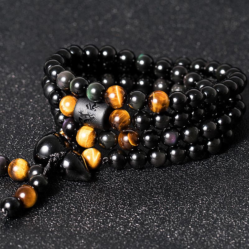 Faith Nova Natural Black Obsidian Rainbow Obsidian Gourd Blessing Bracelet Mala
