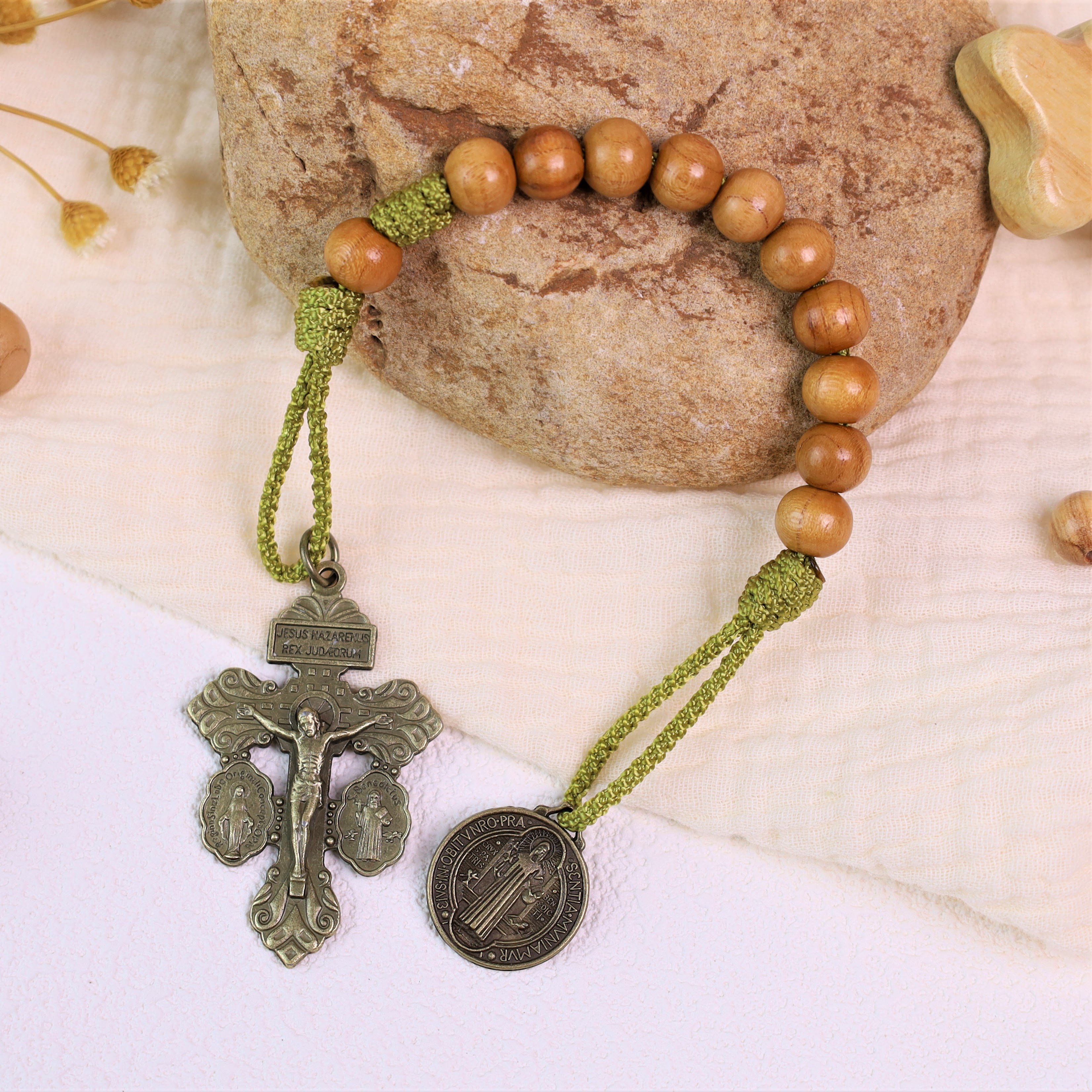 Olive Wood Beads with Saint Benedict Medal & Crucifix Pocket Rosary