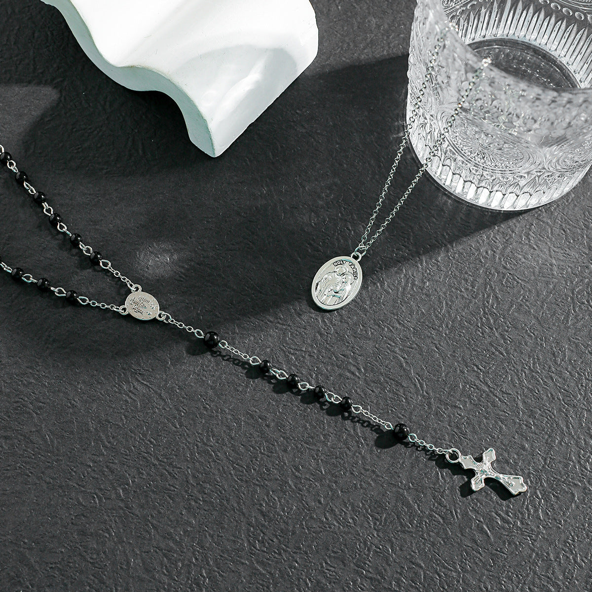 Layered Cross Black Bead Necklace