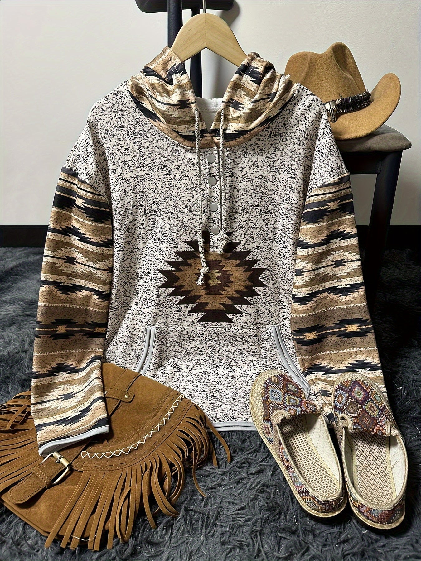 Women's Aztec Print Hoodie with Button Front, Drawstring, and Kangaroo Pocket – Trendy Casual Look