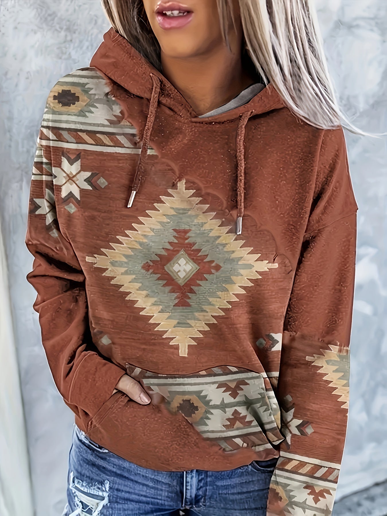 Women's Aztec Print Hoodie with Kangaroo Pocket, Adjustable Drawstring, and Long Sleeves